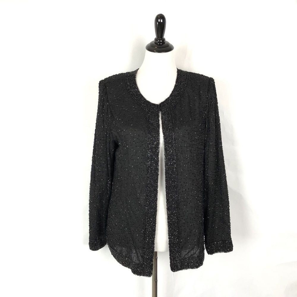 Vintage Black Beaded Open Front Silk‎ Blazer Womens M Formal Party Sheer